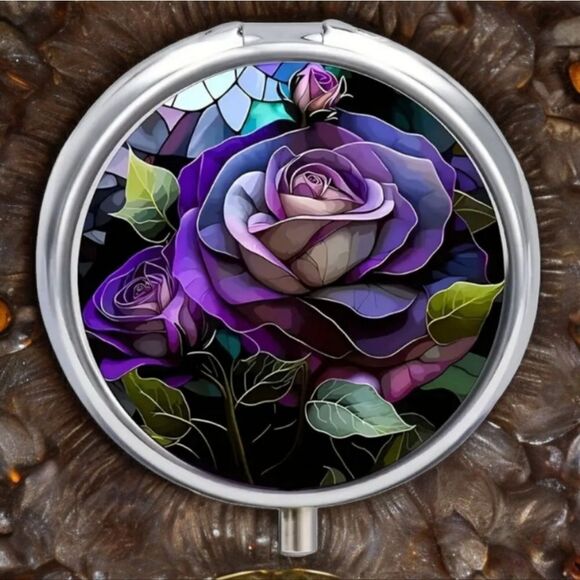 Exotic Purple Rose Pill Box Medicine Mini Steel Case Mirrored Travel Purse Size - Picture 2 of 7